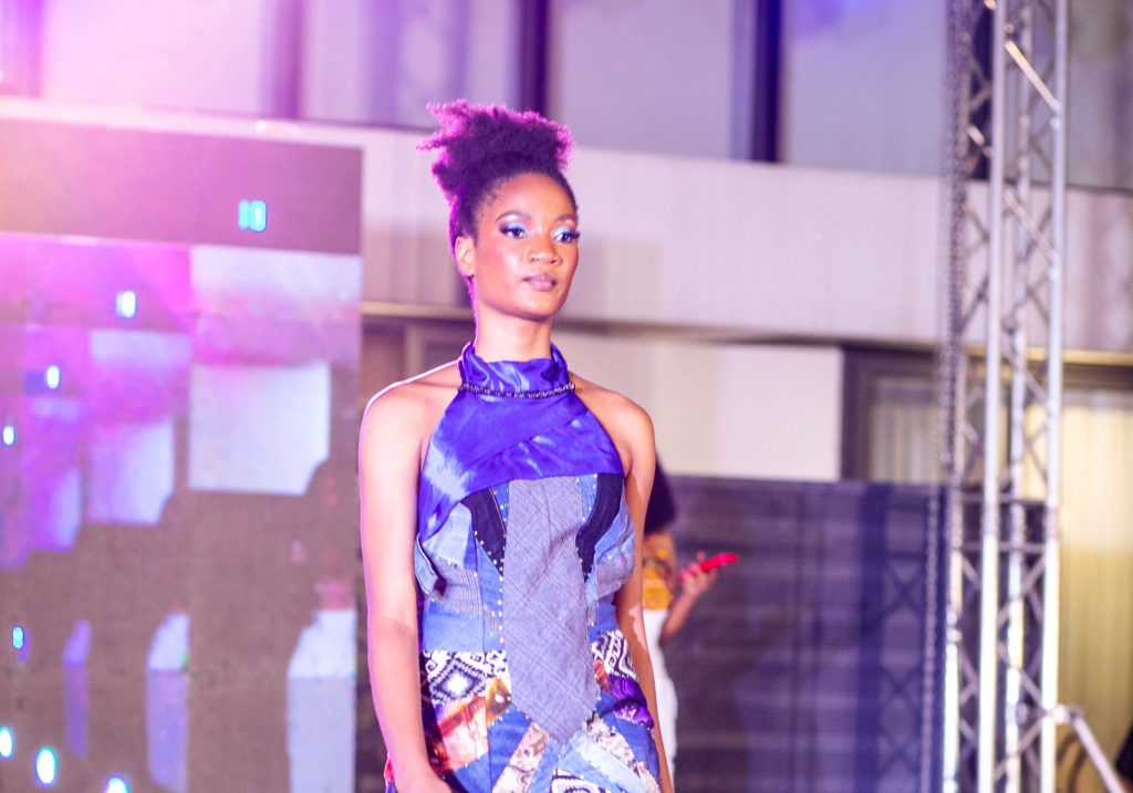 Upcycled Denim African Print Halter Gown